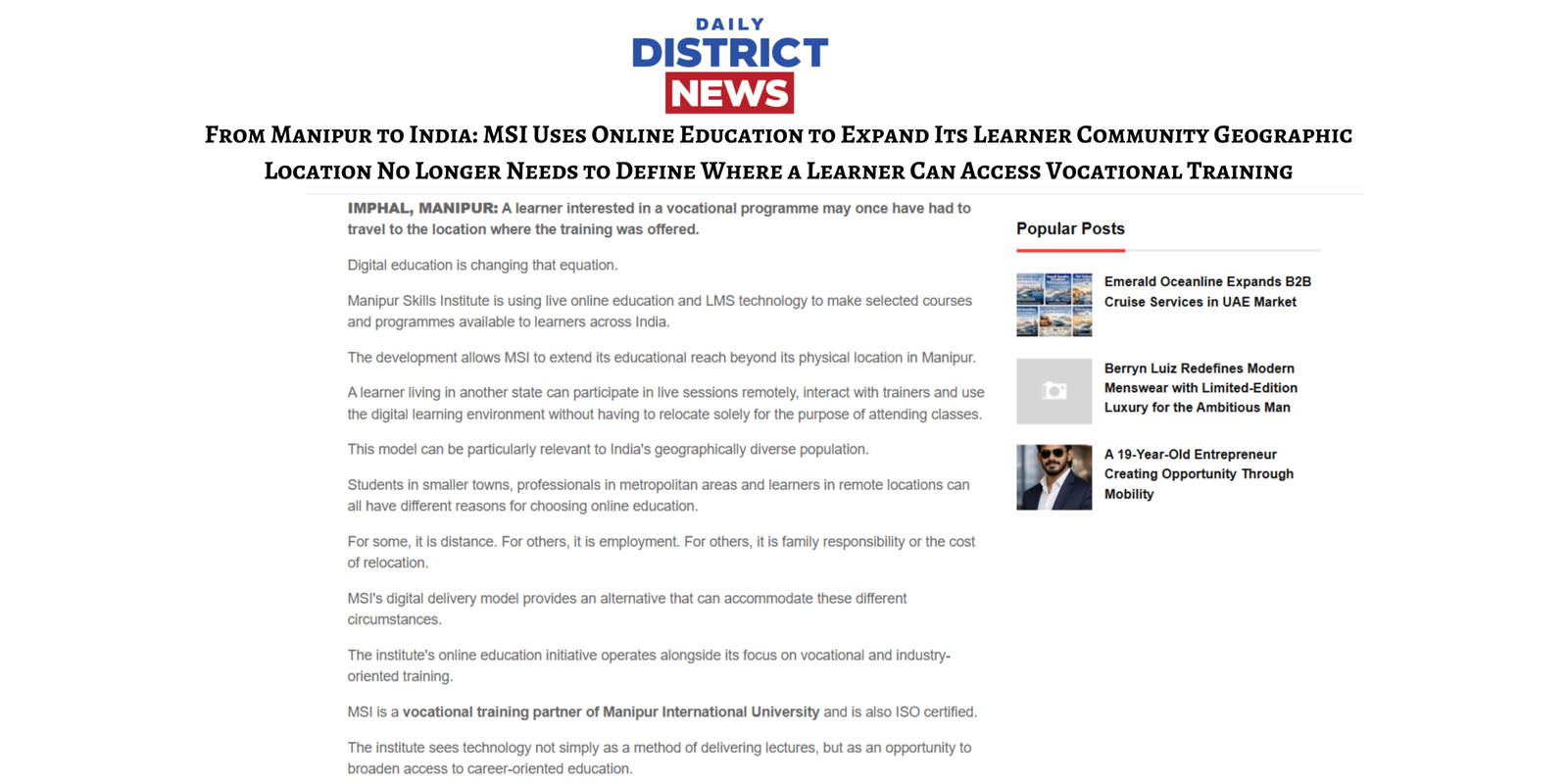 Manipur Skills Institute news