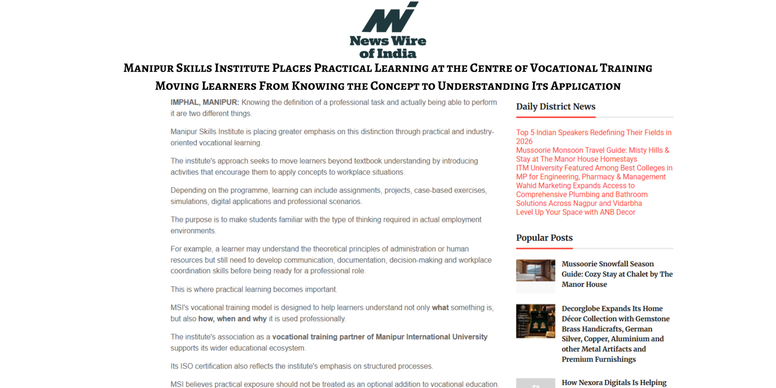 Manipur Skills Institute press release