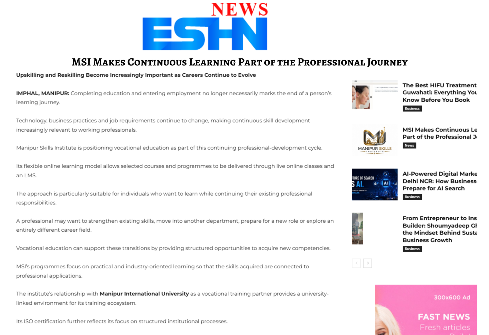 Manipur Skills Institute vocational education